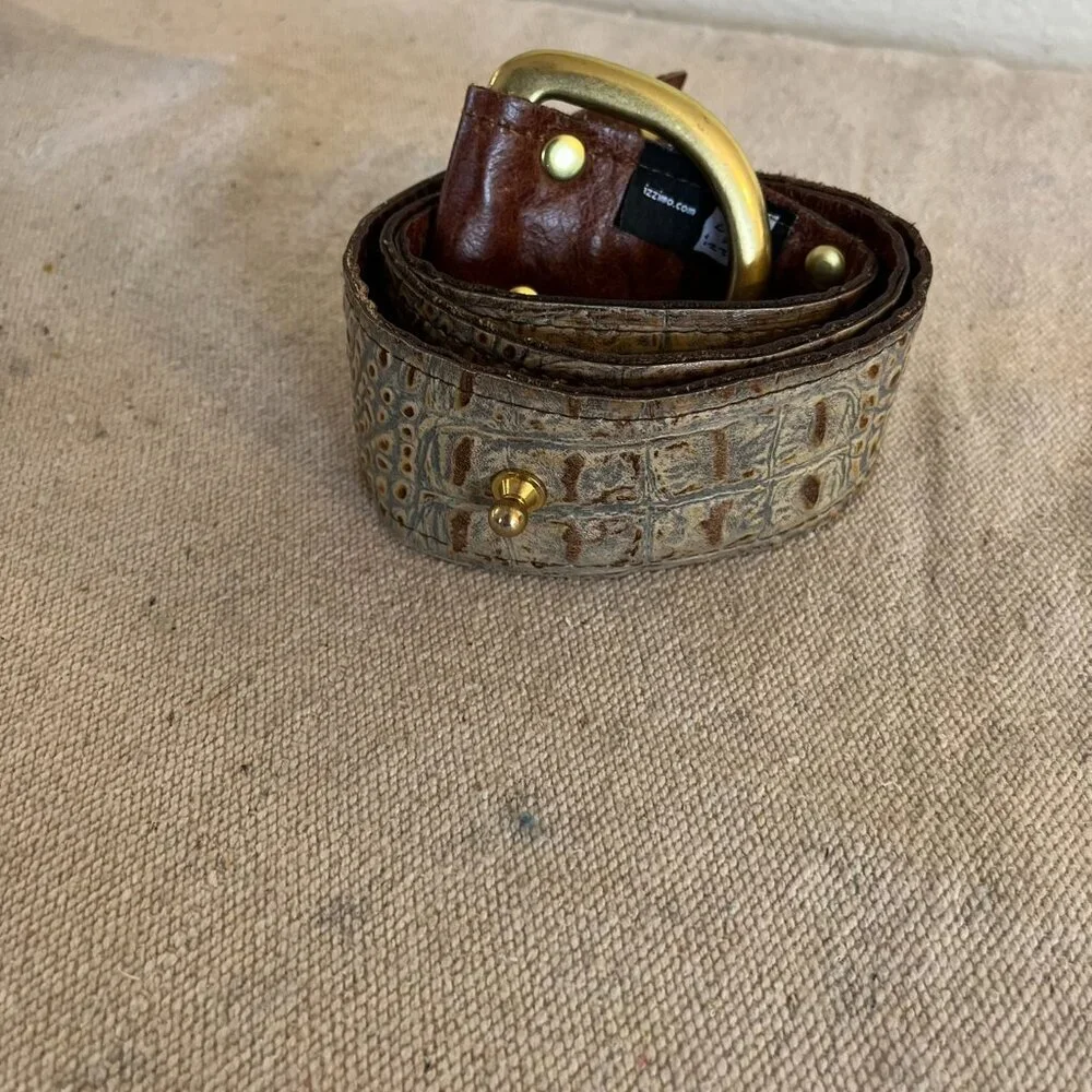 Izzimo Woman's Croc Embossed Leather Mob Wife Solid Brass Belt Buckle